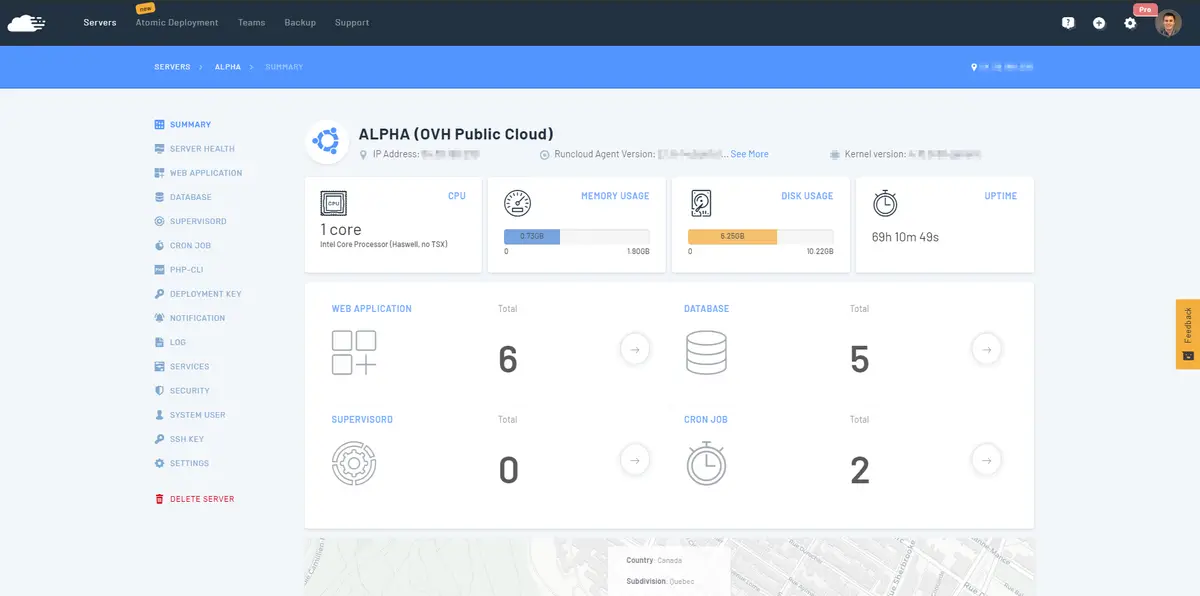 RunCloud server dashboard for the OVH-hosted web server