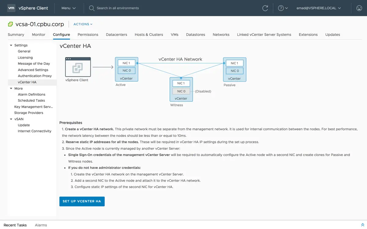 vCenter High Availability configuration page showing active, passive and witness nodes