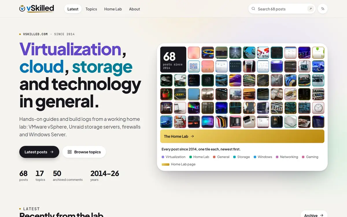The new vSkilled home page: a large headline next to a wall of tiles, one for every post, coloured by topic